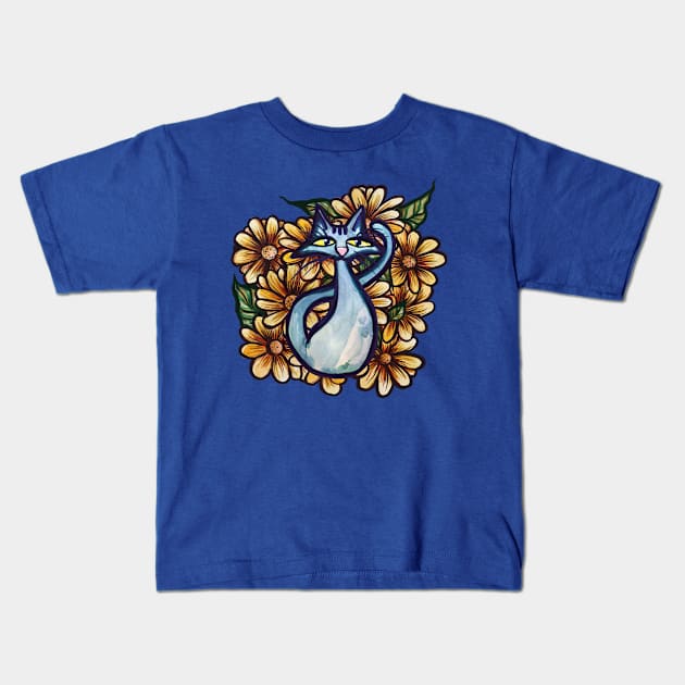 Blue Cat Feline Amongst Flowers Kids T-Shirt by bubbsnugg